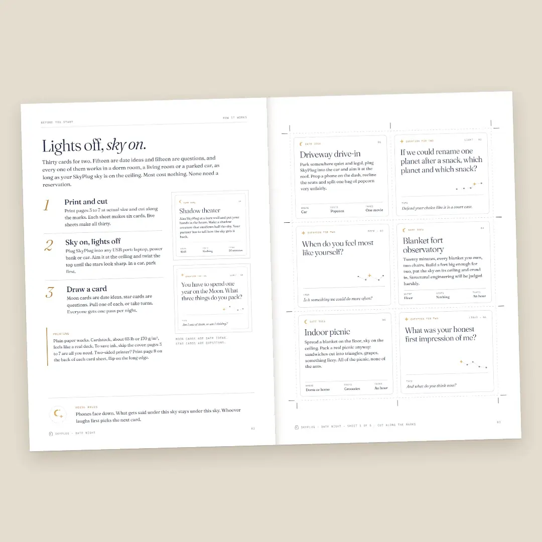 The how-to page, Lights off, sky on: print and cut, sky on and lights off, draw a card, next to a sheet of cards.