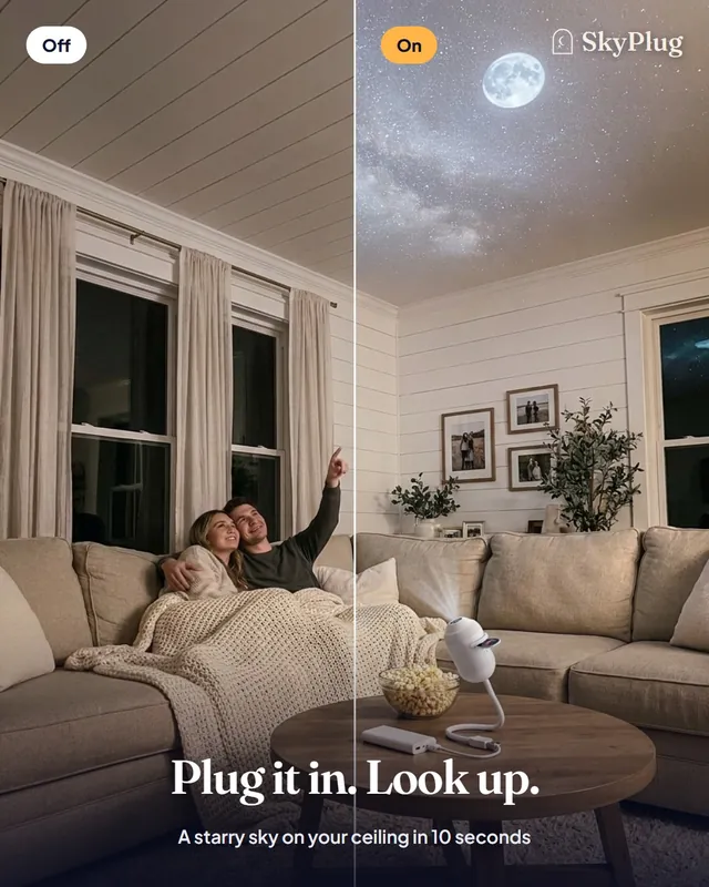 Render of a living room split in two: lights off on the left, on the right SkyPlug projects a starry sky and a full moon across the ceiling while a couple on the sofa looks up.