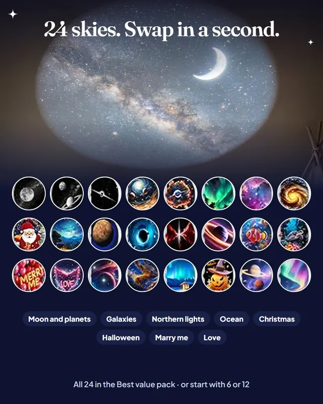 Render of a moon and Milky Way projection on a ceiling above a grid of 24 round sky discs: moon, planets, galaxies, northern lights, ocean, Christmas and love themes.