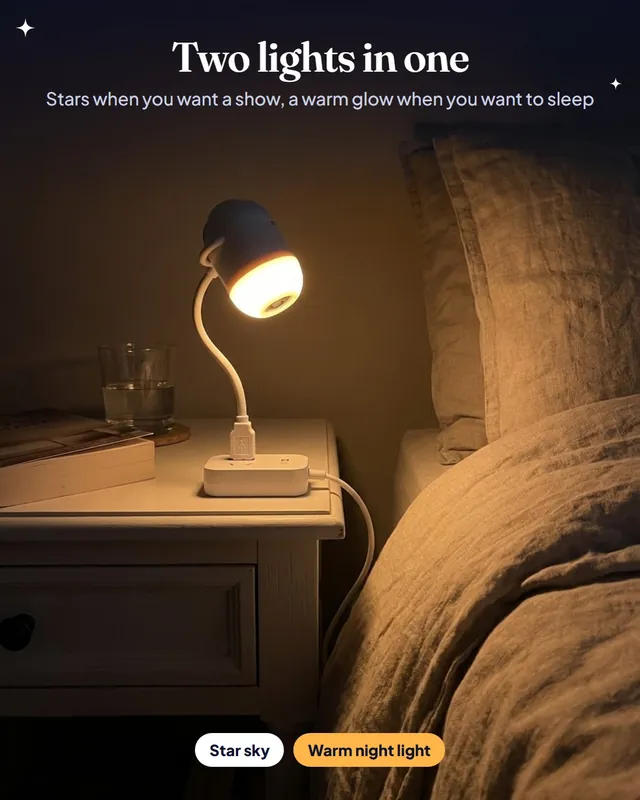 Render of SkyPlug on a bedside table giving off a warm glow, plugged into a USB charger.