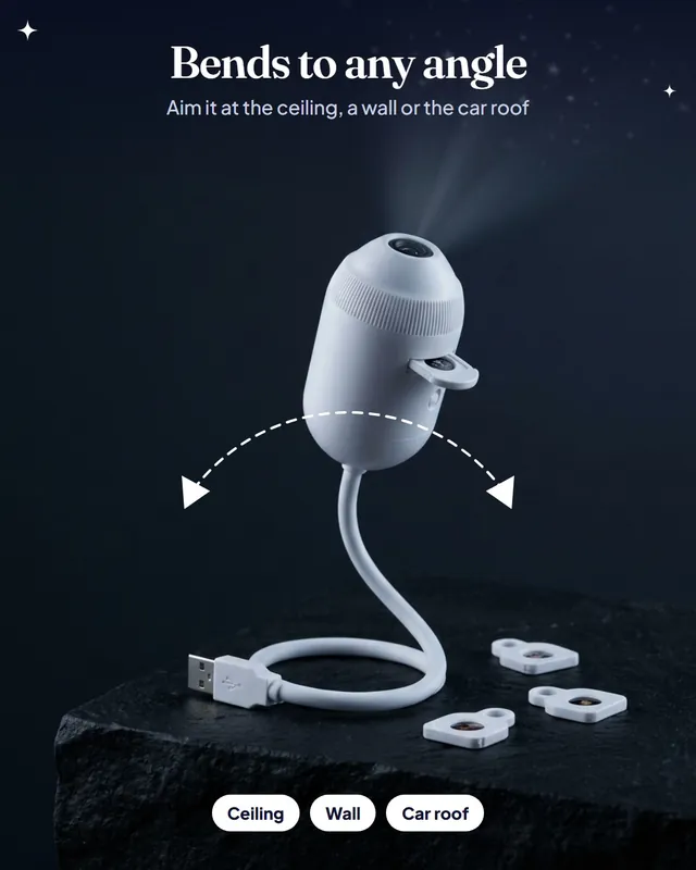 Render of SkyPlug on its bendy white USB neck with arrows showing it can tilt left and right, three sky discs next to it.