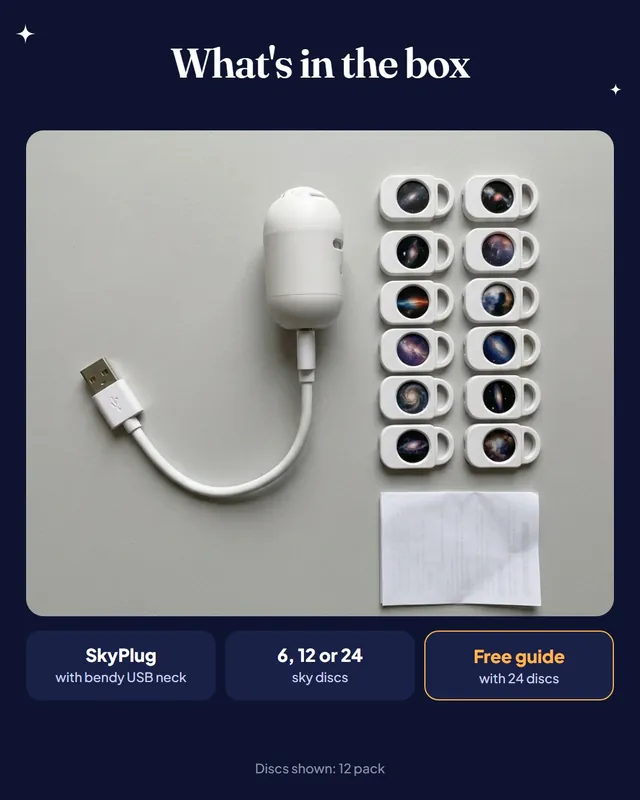 Render of what is in the box laid flat: the SkyPlug with its USB neck, twelve sky discs and a printed instruction sheet.