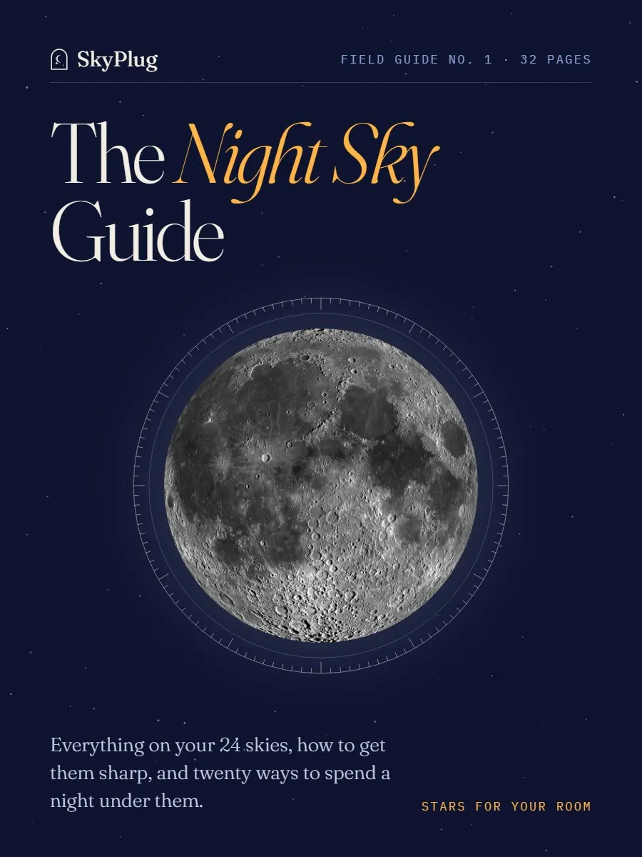 Render of the Night Sky Guide cover with a full moon on a dark blue page.