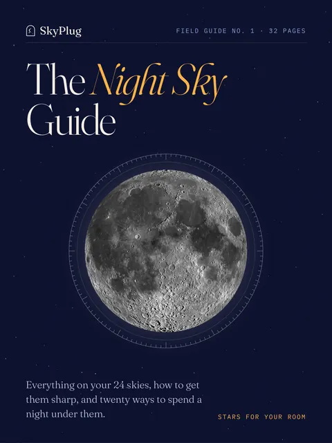 Page 1 of the Night Sky Guide: dark blue cover with the title The Night Sky Guide and a large photo of the full Moon.