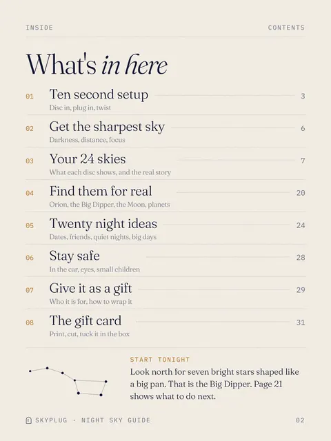Page 2, contents: ten second setup, get the sharpest sky, your 24 skies, find them for real, twenty night ideas, stay safe, give it as a gift and the gift card.