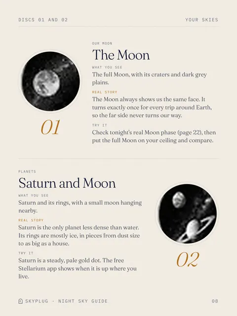 Page 8, discs 01 and 02: The Moon and Saturn and Moon, each with what you see, a real story and something to try tonight.