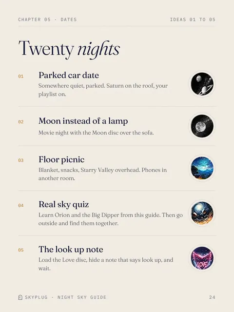 Page 24, Twenty nights: the first five night ideas, such as a parked car date and the Moon instead of a lamp.