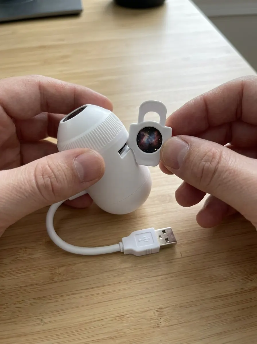 Render of fingers sliding a round sky disc into the side slot of the white SkyPlug.