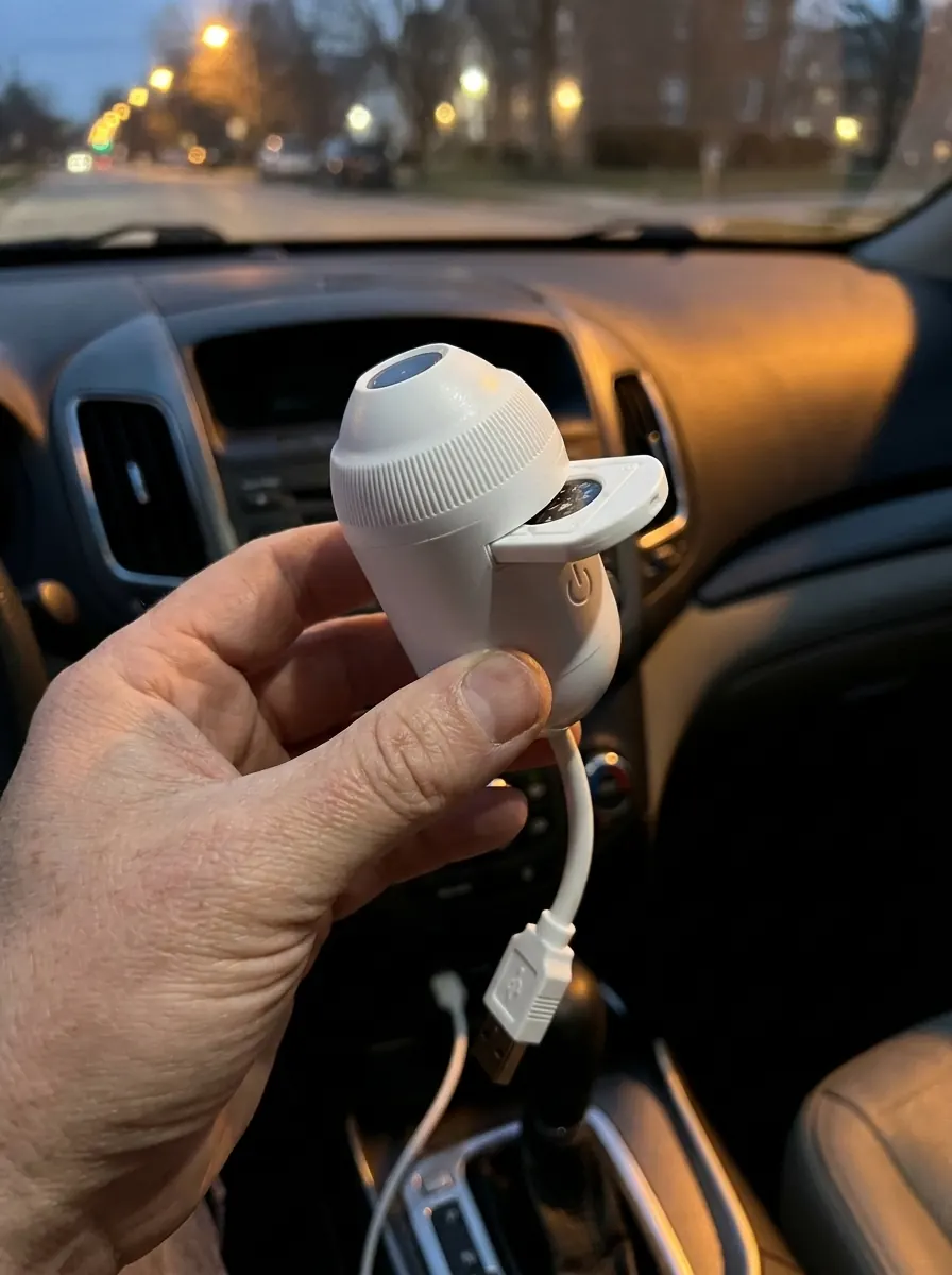 Render of a hand holding SkyPlug by its USB plug inside a car at dusk.