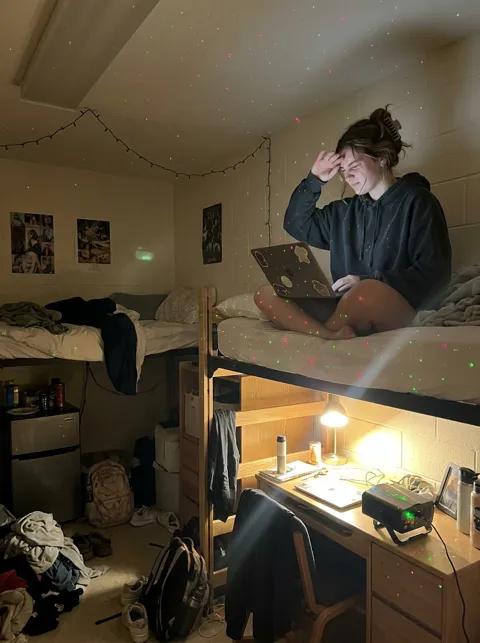 Render of a student on her dorm loft bed with a laptop, squinting and holding her forehead while a laser projector on the desk below covers the walls, ceiling and bed in red and green dots.