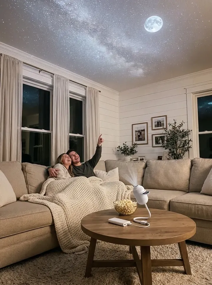 Render of a couple on a sofa pointing at a starry sky and moon on the living room ceiling, SkyPlug on the coffee table.