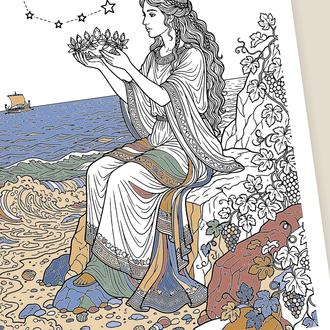 Close-up of a coloring page half colored in blue, green and terracotta: a woman by the sea holding a crown.