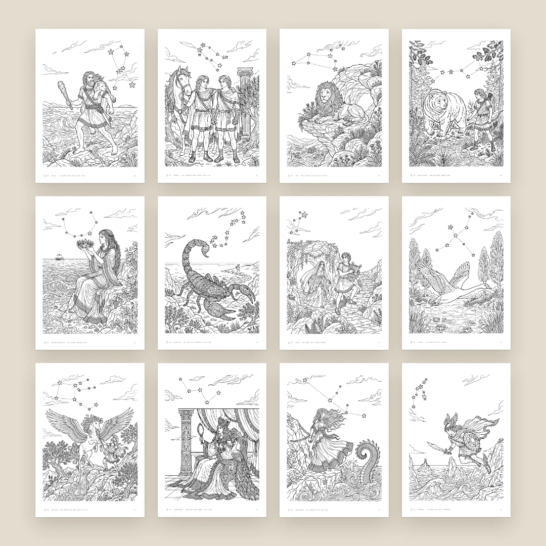 All 12 coloring pages side by side, each a constellation scene in black lines on white with its stars drawn in the sky.