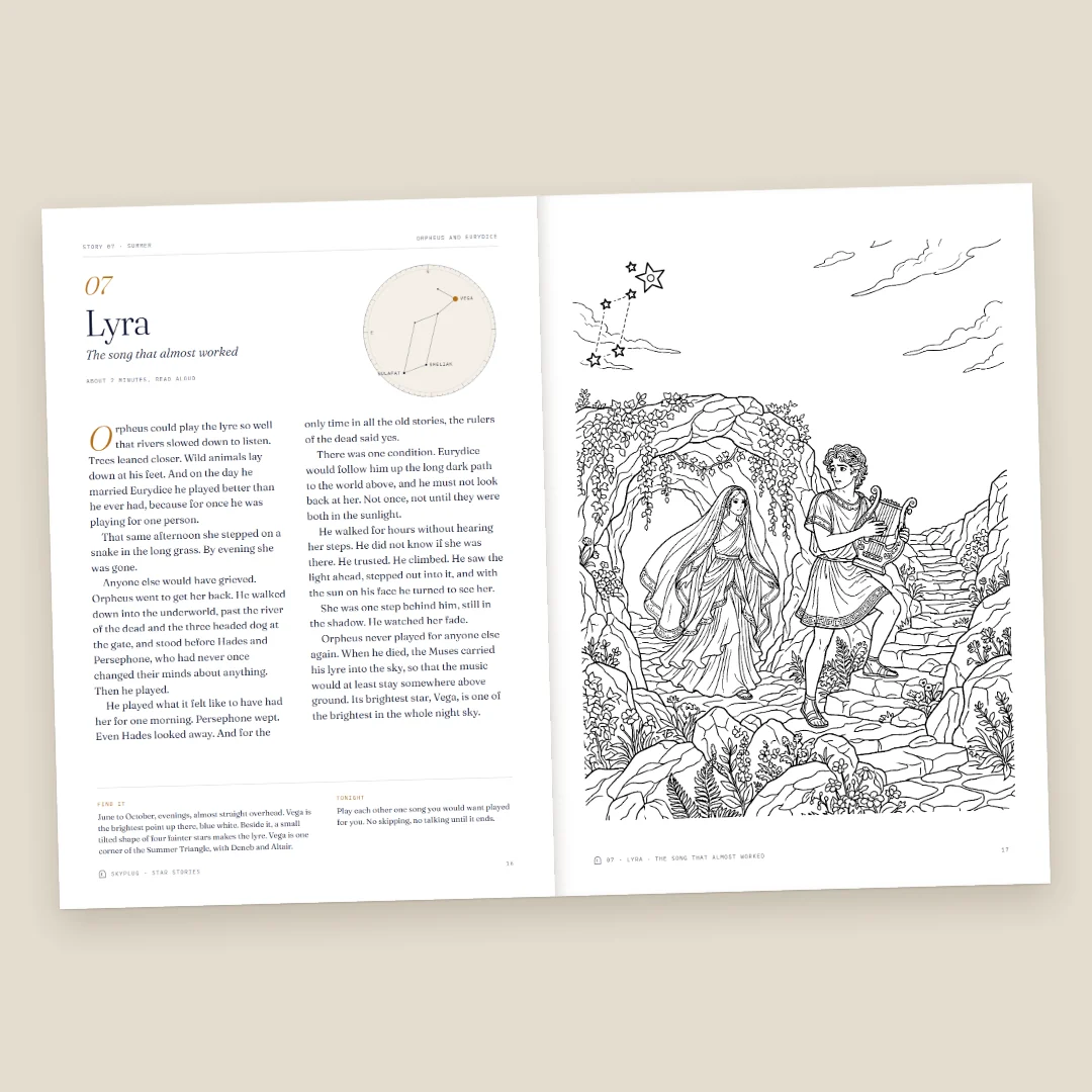 An open spread: the Lyra story of Orpheus and Eurydice with its star map on the left, the matching coloring page on the right.