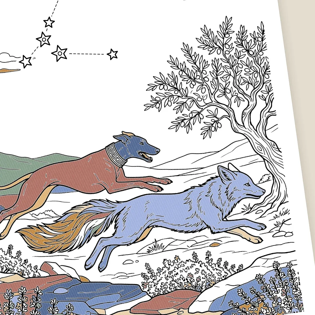 Close-up of a coloring page half colored in red and blue: a hound chasing a fox past an olive tree under a few stars.