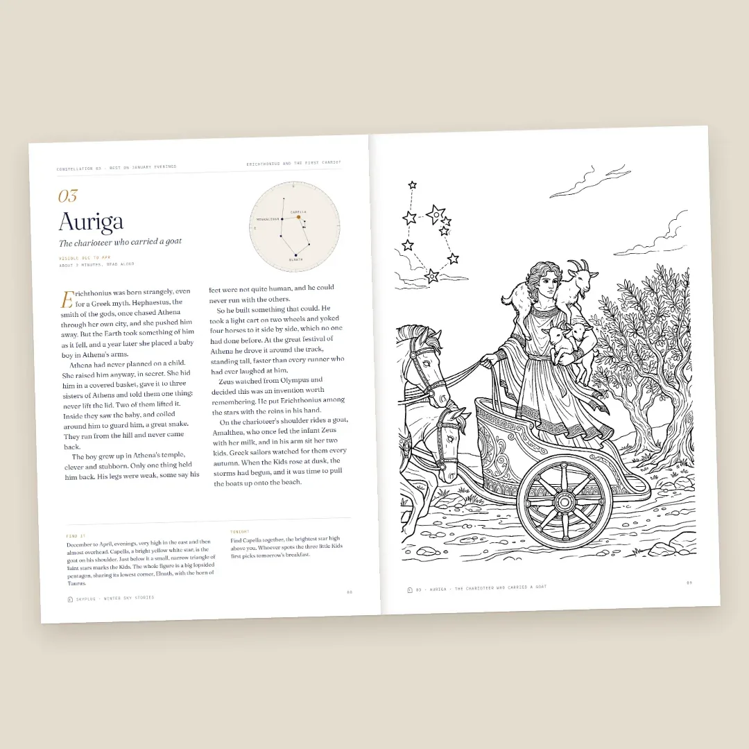 An open spread: the Auriga story with its star map on the left, the coloring page of a charioteer on the right.