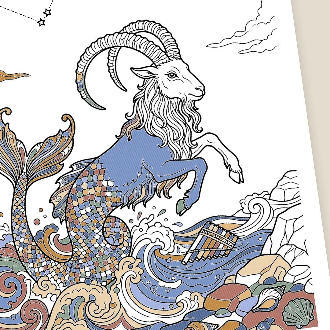 Close-up of the Capricorn coloring page, half colored in blue, gold and terracotta: a sea goat leaping out of the waves.