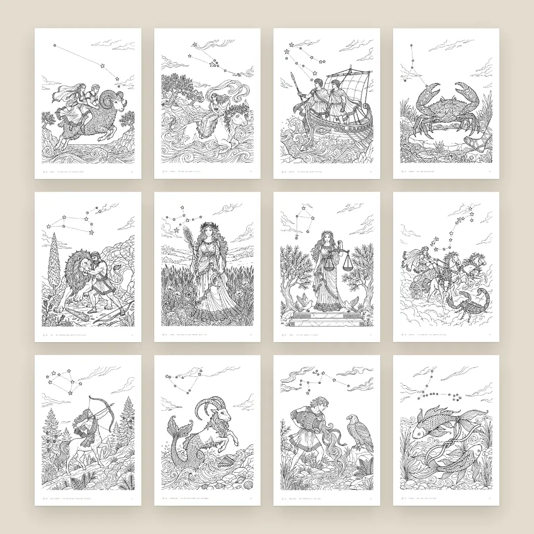 All 12 zodiac coloring pages side by side, black lines on white, from the golden ram to the two fish.
