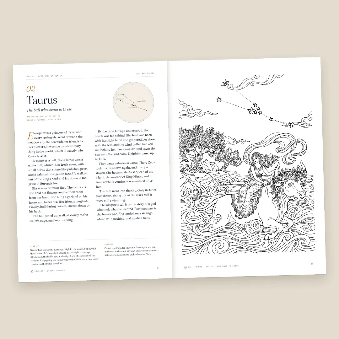 An open spread: the Taurus story with its star map on the left, the coloring page of a bull swimming with a young woman on its back on the right.